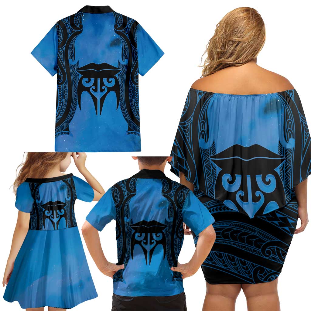Personalised Moko Kauae New Zealand Family Matching Off Shoulder Short Dress and Hawaiian Shirt Maori Chin Tattoo Blue - Aussie Hoodie