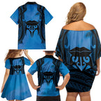 Personalised Moko Kauae New Zealand Family Matching Off Shoulder Short Dress and Hawaiian Shirt Maori Chin Tattoo Blue - Aussie Hoodie