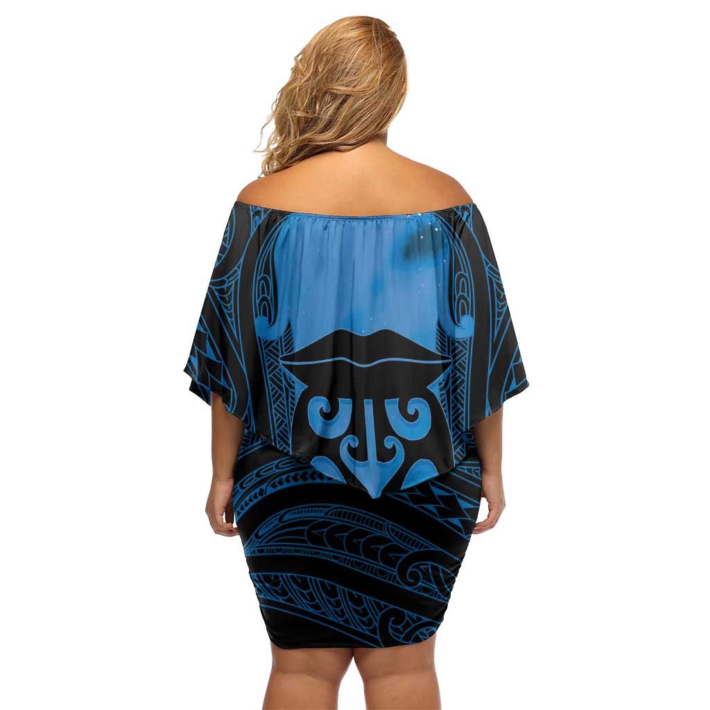 Personalised Moko Kauae New Zealand Family Matching Off Shoulder Short Dress and Hawaiian Shirt Maori Chin Tattoo Blue - Aussie Hoodie
