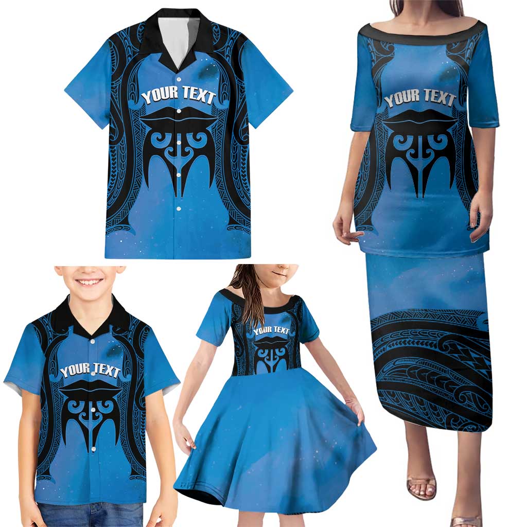 Personalised Moko Kauae New Zealand Family Matching Puletasi and Hawaiian Shirt Maori Chin Tattoo Blue - Aussie Hoodie