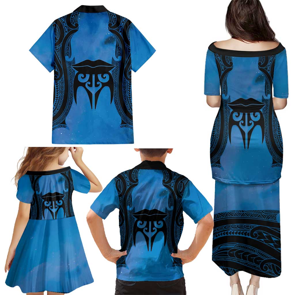 Personalised Moko Kauae New Zealand Family Matching Puletasi and Hawaiian Shirt Maori Chin Tattoo Blue - Aussie Hoodie