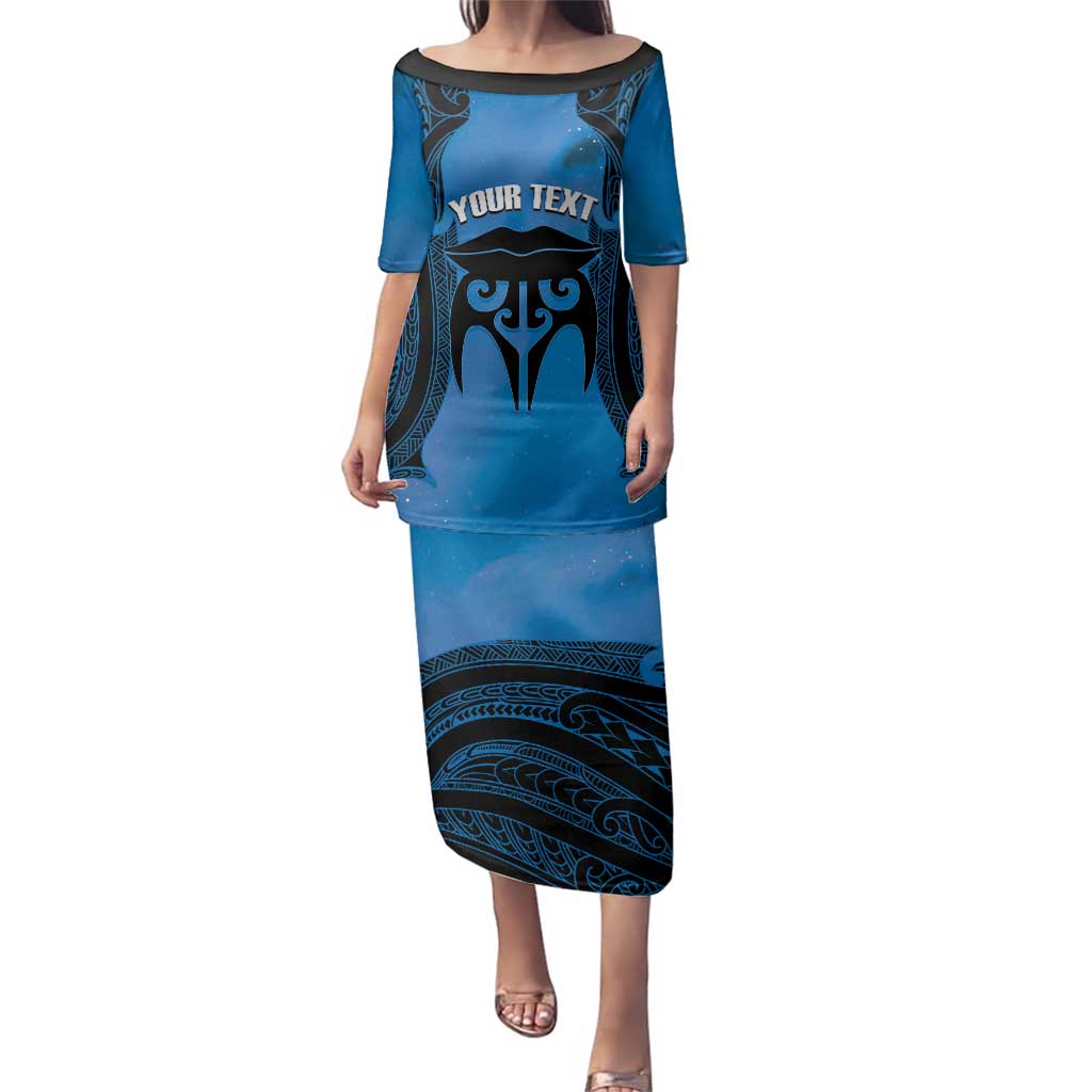 Personalised Moko Kauae New Zealand Family Matching Puletasi and Hawaiian Shirt Maori Chin Tattoo Blue - Aussie Hoodie