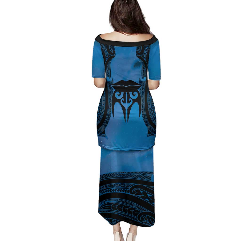 Personalised Moko Kauae New Zealand Family Matching Puletasi and Hawaiian Shirt Maori Chin Tattoo Blue - Aussie Hoodie