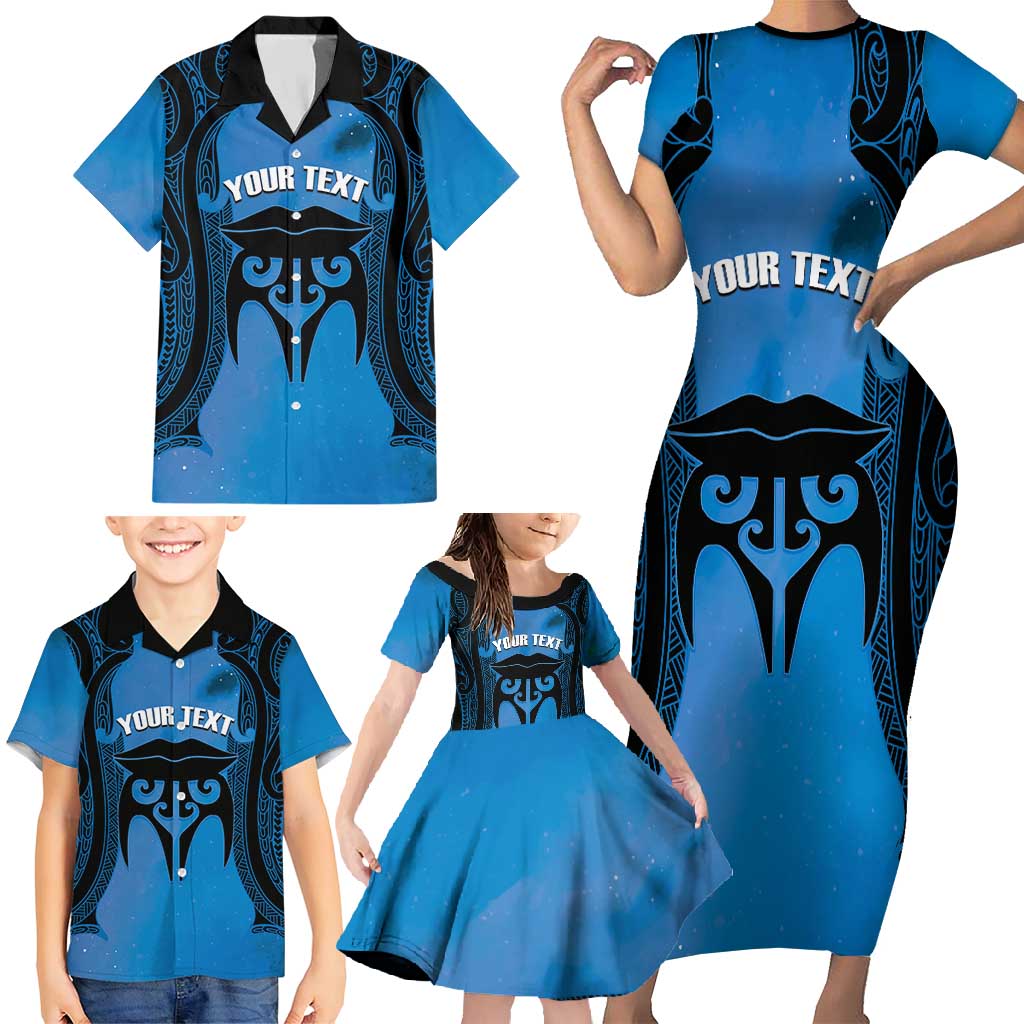 Personalised Moko Kauae New Zealand Family Matching Short Sleeve Bodycon Dress and Hawaiian Shirt Maori Chin Tattoo Blue - Aussie Hoodie