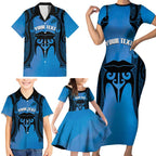 Personalised Moko Kauae New Zealand Family Matching Short Sleeve Bodycon Dress and Hawaiian Shirt Maori Chin Tattoo Blue - Aussie Hoodie