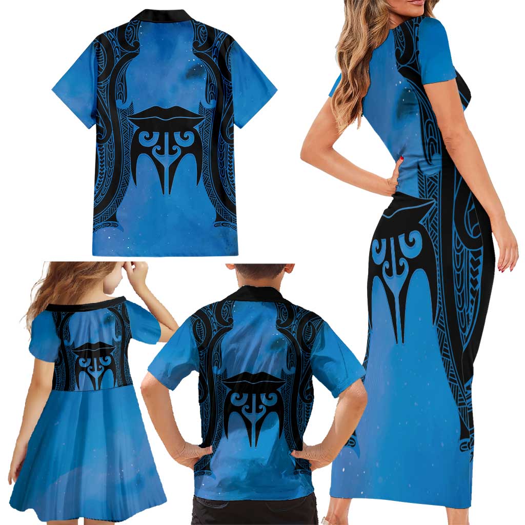 Personalised Moko Kauae New Zealand Family Matching Short Sleeve Bodycon Dress and Hawaiian Shirt Maori Chin Tattoo Blue - Aussie Hoodie