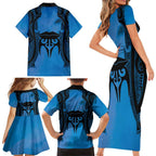 Personalised Moko Kauae New Zealand Family Matching Short Sleeve Bodycon Dress and Hawaiian Shirt Maori Chin Tattoo Blue - Aussie Hoodie