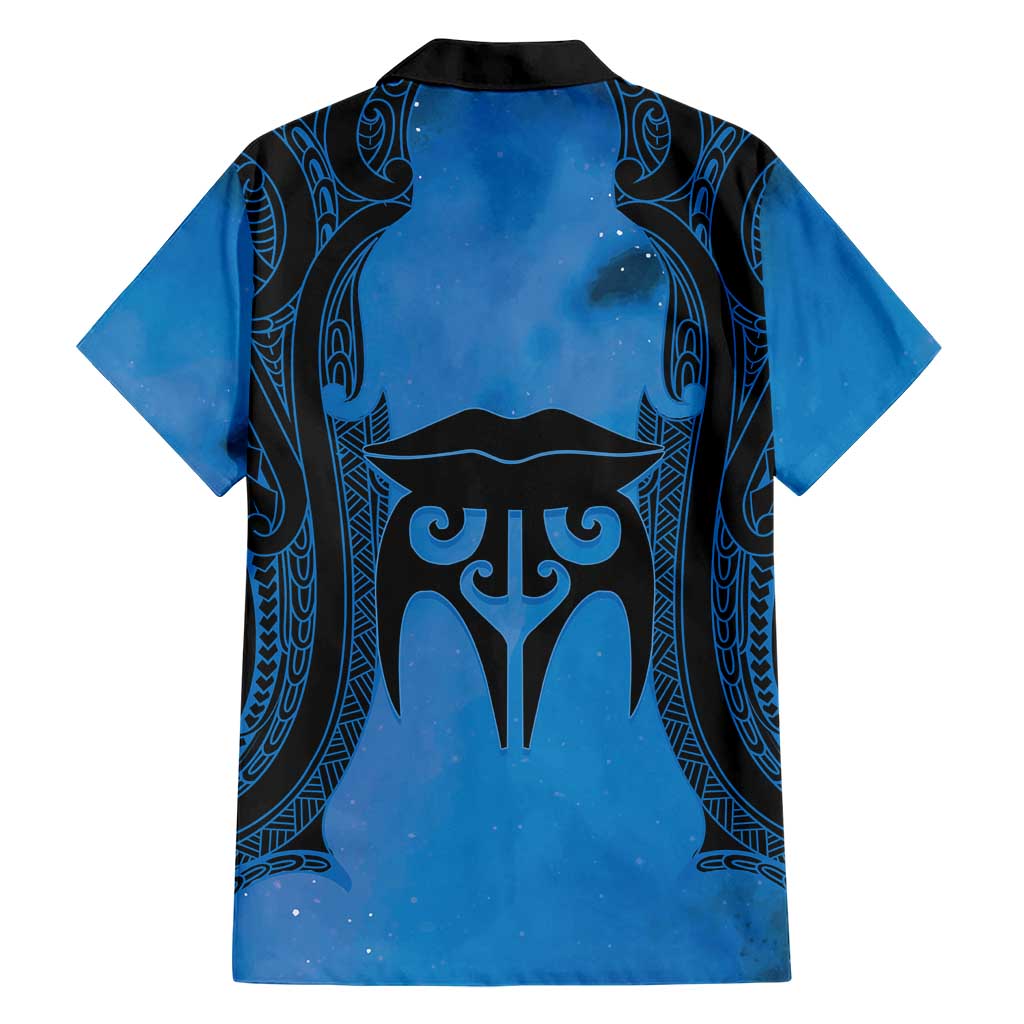 Personalised Moko Kauae New Zealand Family Matching Short Sleeve Bodycon Dress and Hawaiian Shirt Maori Chin Tattoo Blue - Aussie Hoodie