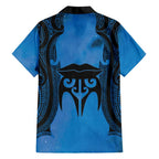 Personalised Moko Kauae New Zealand Family Matching Short Sleeve Bodycon Dress and Hawaiian Shirt Maori Chin Tattoo Blue - Aussie Hoodie