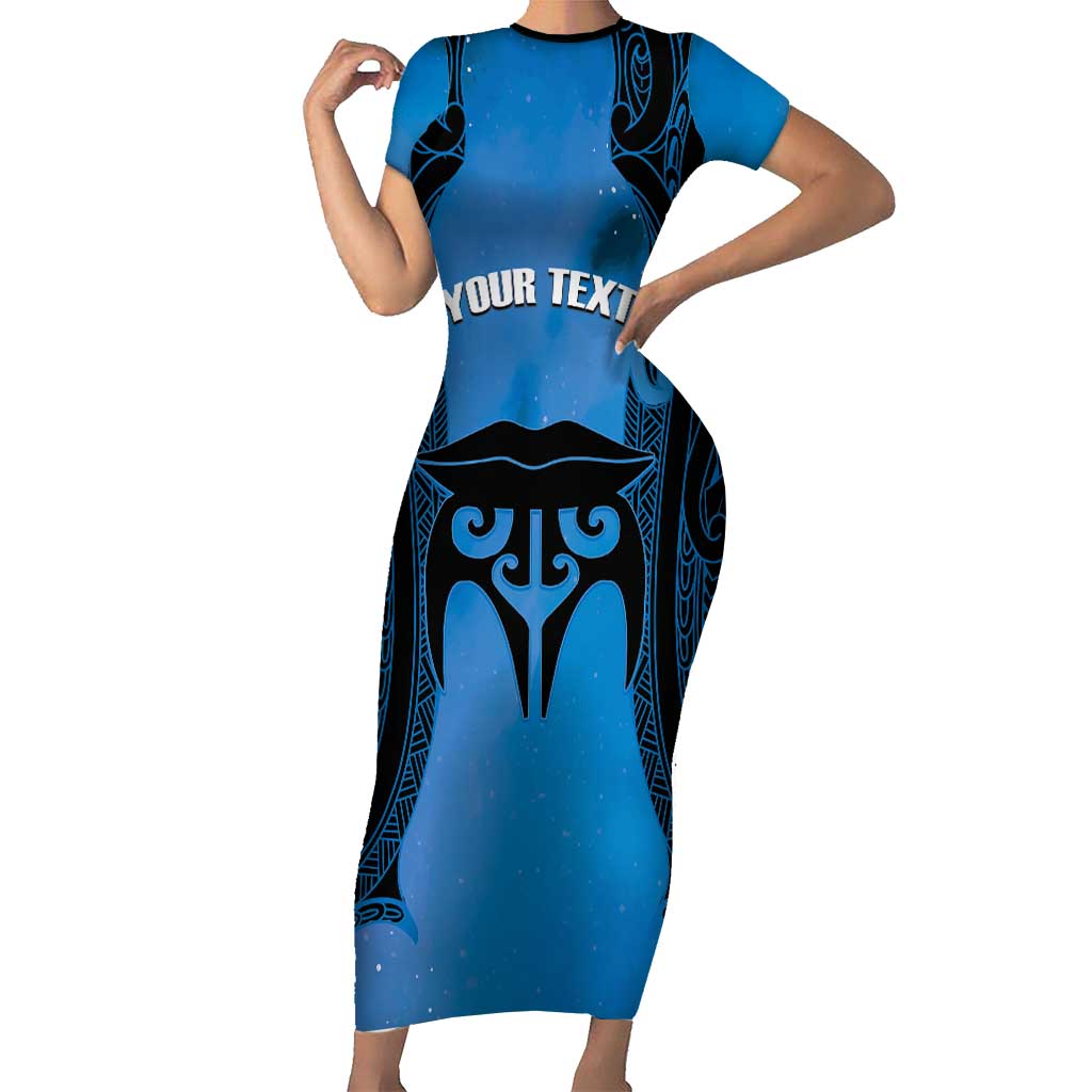 Personalised Moko Kauae New Zealand Family Matching Short Sleeve Bodycon Dress and Hawaiian Shirt Maori Chin Tattoo Blue - Aussie Hoodie