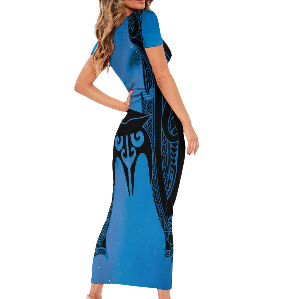 Personalised Moko Kauae New Zealand Family Matching Short Sleeve Bodycon Dress and Hawaiian Shirt Maori Chin Tattoo Blue - Aussie Hoodie
