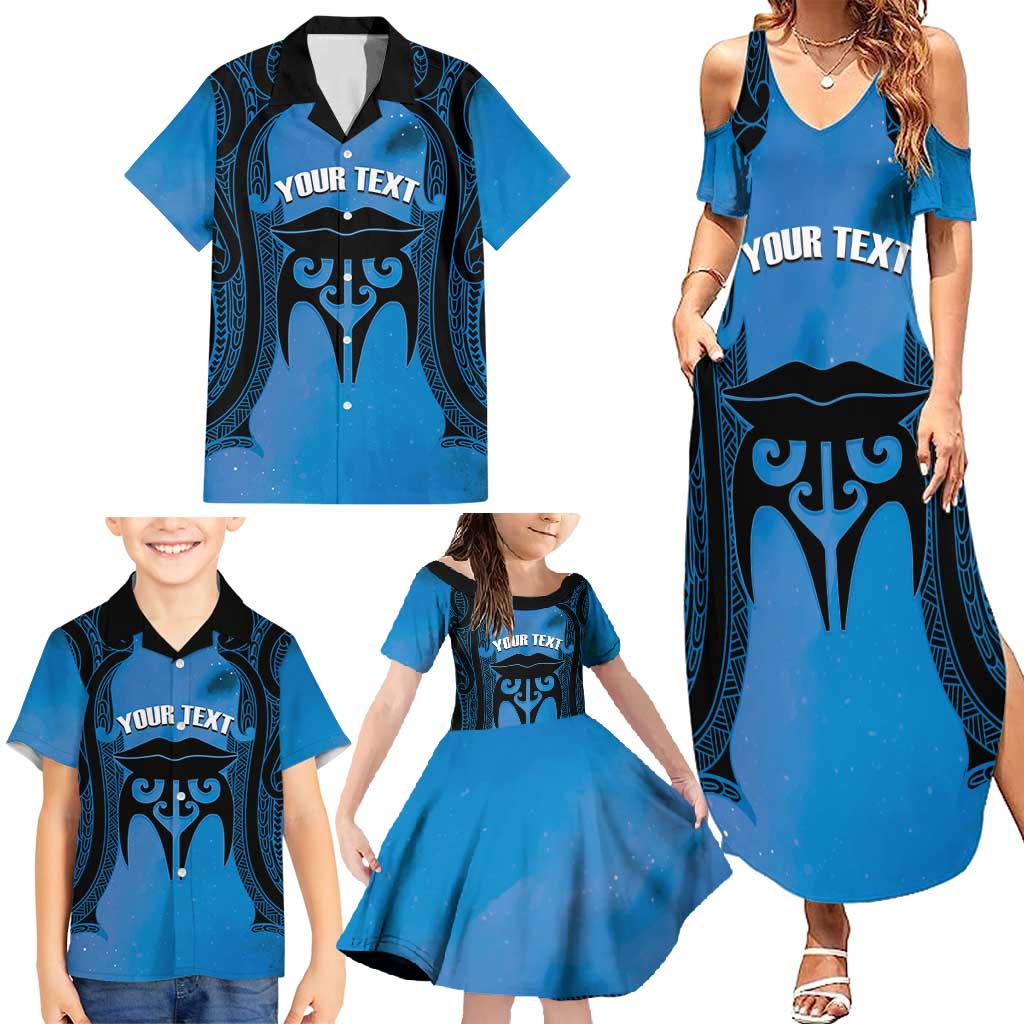 Personalised Moko Kauae New Zealand Family Matching Summer Maxi Dress and Hawaiian Shirt Maori Chin Tattoo Blue - Aussie Hoodie