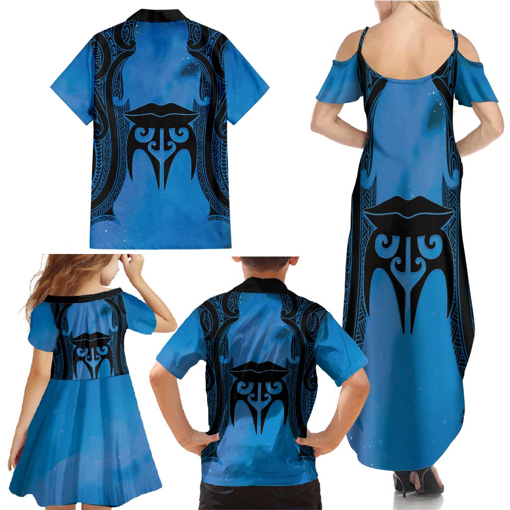 Personalised Moko Kauae New Zealand Family Matching Summer Maxi Dress and Hawaiian Shirt Maori Chin Tattoo Blue - Aussie Hoodie