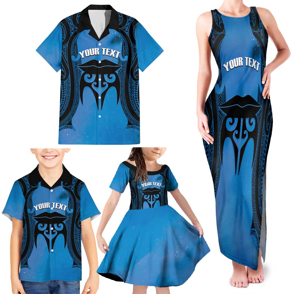 Personalised Moko Kauae New Zealand Family Matching Tank Maxi Dress and Hawaiian Shirt Maori Chin Tattoo Blue - Aussie Hoodie