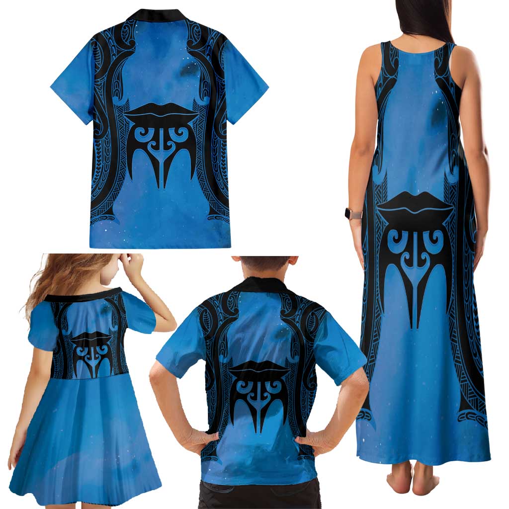 Personalised Moko Kauae New Zealand Family Matching Tank Maxi Dress and Hawaiian Shirt Maori Chin Tattoo Blue - Aussie Hoodie