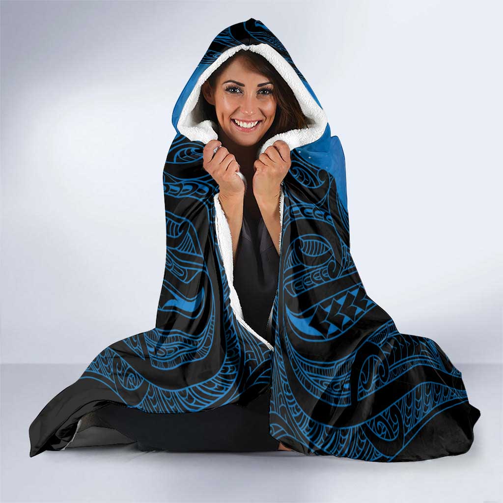 Personalised Moko Kauae New Zealand Hooded Blanket Maori Chin Tattoo Blue - Aussie Hoodie
