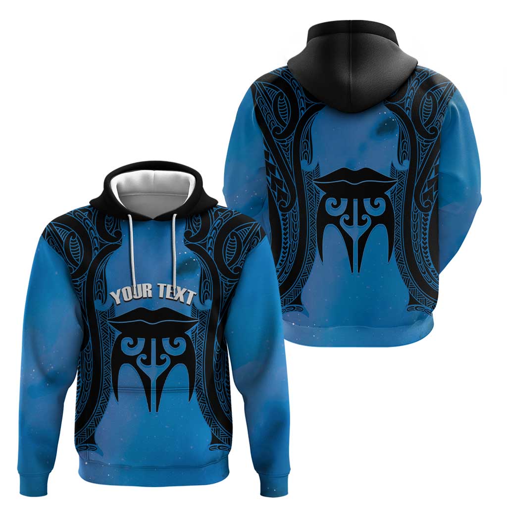 Personalised Moko Kauae New Zealand Hoodie Maori Chin Tattoo Blue - Aussie Hoodie