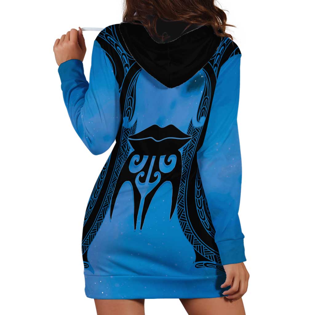 Personalised Moko Kauae New Zealand Hoodie Dress Maori Chin Tattoo Blue - Aussie Hoodie