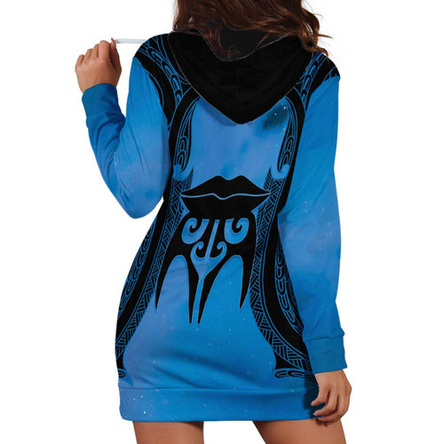 Personalised Moko Kauae New Zealand Hoodie Dress Maori Chin Tattoo Blue - Aussie Hoodie