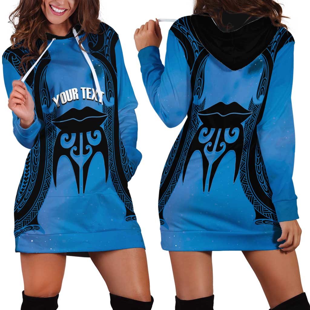 Personalised Moko Kauae New Zealand Hoodie Dress Maori Chin Tattoo Blue - Aussie Hoodie