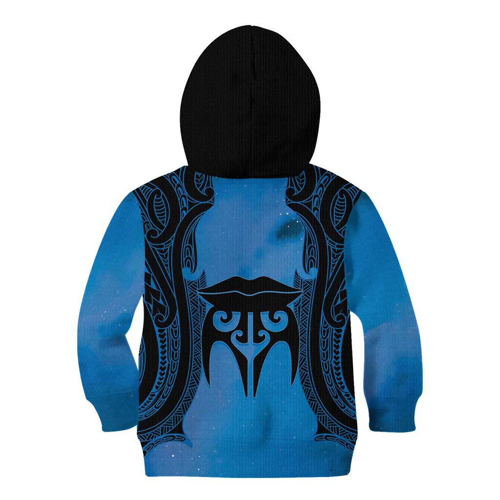 Personalised Moko Kauae New Zealand Kid Hoodie Maori Chin Tattoo Blue - Aussie Hoodie