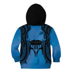 Personalised Moko Kauae New Zealand Kid Hoodie Maori Chin Tattoo Blue - Aussie Hoodie