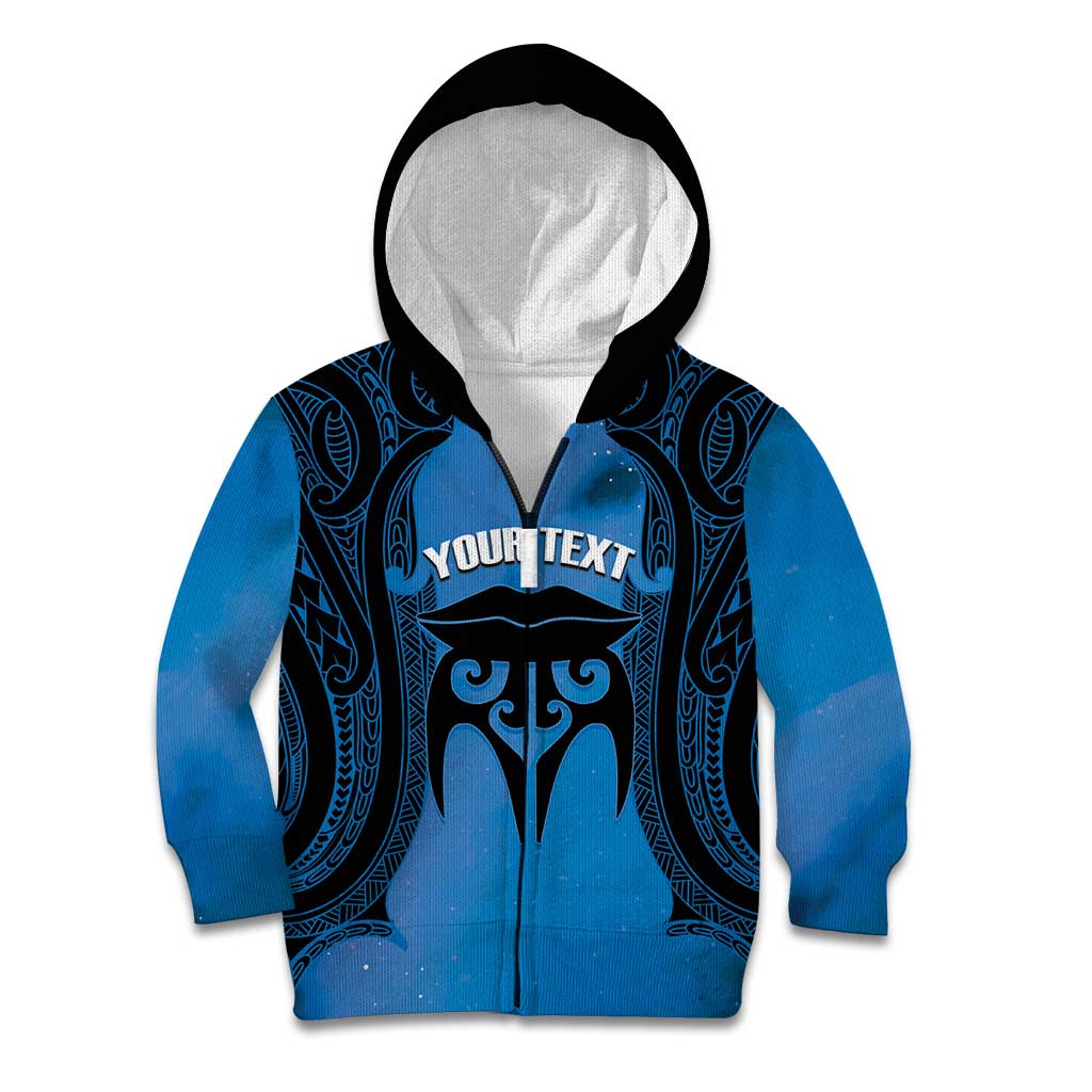 Personalised Moko Kauae New Zealand Kid Hoodie Maori Chin Tattoo Blue - Aussie Hoodie