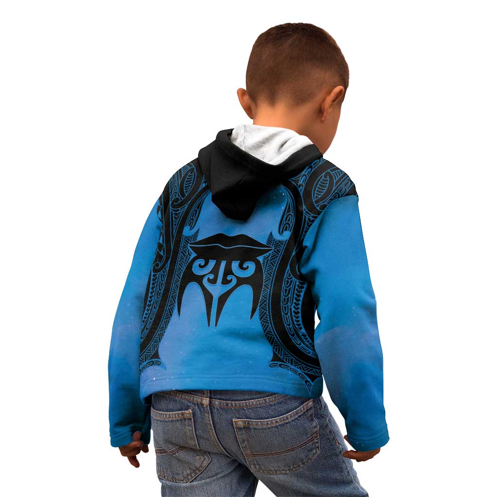 Personalised Moko Kauae New Zealand Kid Hoodie Maori Chin Tattoo Blue - Aussie Hoodie