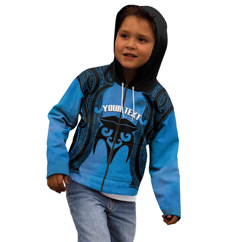 Personalised Moko Kauae New Zealand Kid Hoodie Maori Chin Tattoo Blue - Aussie Hoodie