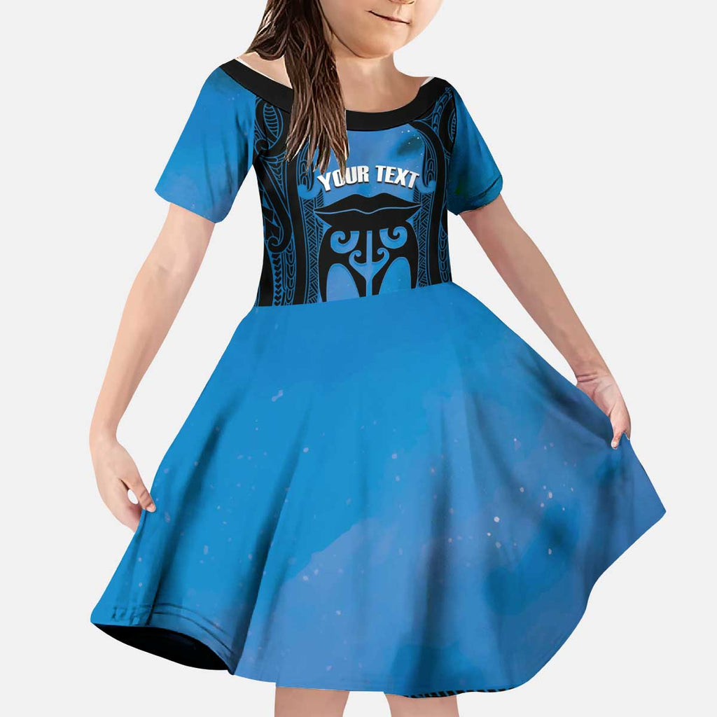 Personalised Moko Kauae New Zealand Kid Short Sleeve Dress Maori Chin Tattoo Blue - Aussie Hoodie