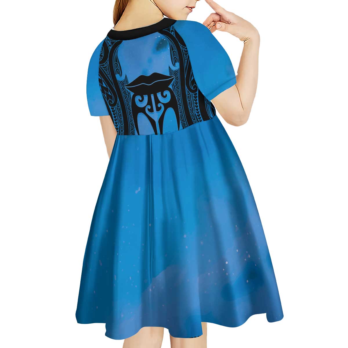 Personalised Moko Kauae New Zealand Kid Short Sleeve Dress Maori Chin Tattoo Blue - Aussie Hoodie