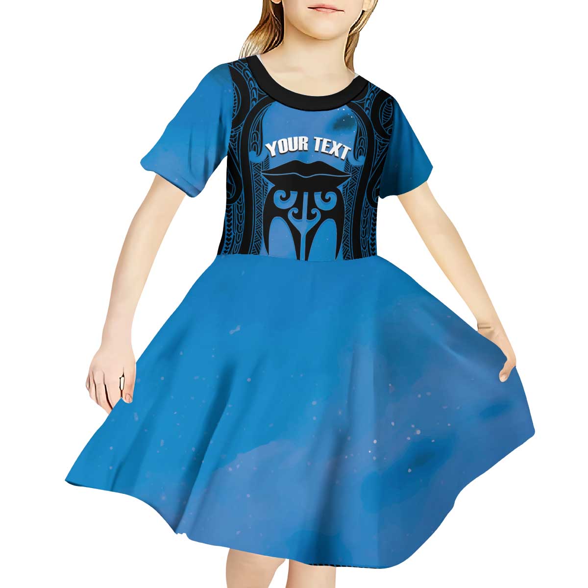 Personalised Moko Kauae New Zealand Kid Short Sleeve Dress Maori Chin Tattoo Blue - Aussie Hoodie