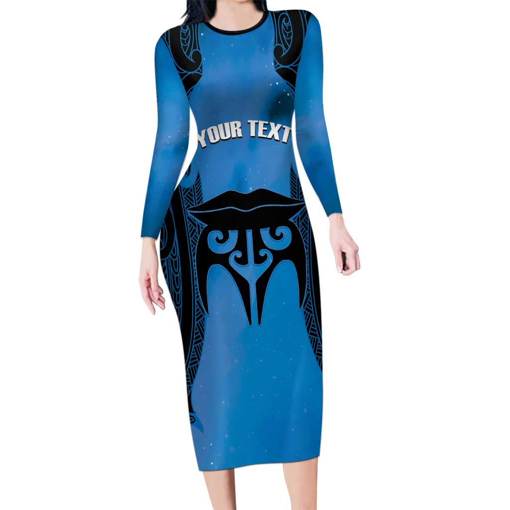 Personalised Moko Kauae New Zealand Long Sleeve Bodycon Dress Maori Chin Tattoo Blue - Aussie Hoodie