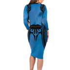 Personalised Moko Kauae New Zealand Long Sleeve Bodycon Dress Maori Chin Tattoo Blue - Aussie Hoodie