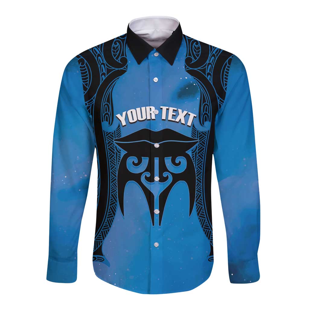 Personalised Moko Kauae New Zealand Long Sleeve Button Shirt Maori Chin Tattoo Blue - Aussie Hoodie