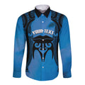 Personalised Moko Kauae New Zealand Long Sleeve Button Shirt Maori Chin Tattoo Blue - Aussie Hoodie