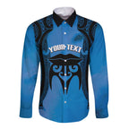 Personalised Moko Kauae New Zealand Long Sleeve Button Shirt Maori Chin Tattoo Blue - Aussie Hoodie