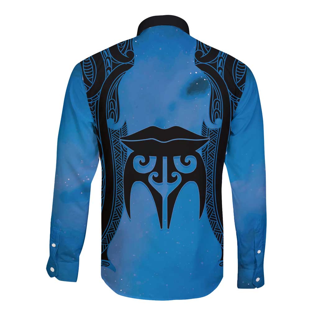 Personalised Moko Kauae New Zealand Long Sleeve Button Shirt Maori Chin Tattoo Blue - Aussie Hoodie