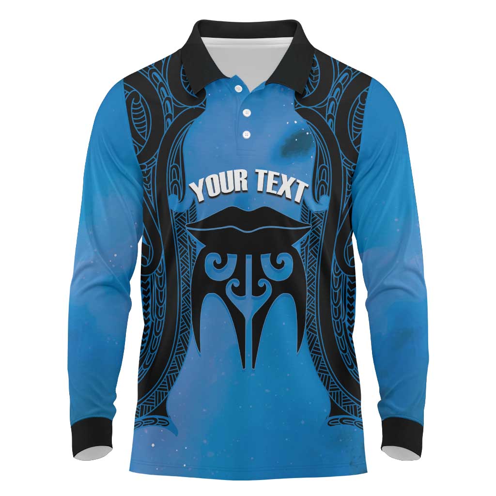 Personalised Moko Kauae New Zealand Long Sleeve Polo Shirt Maori Chin Tattoo Blue - Aussie Hoodie