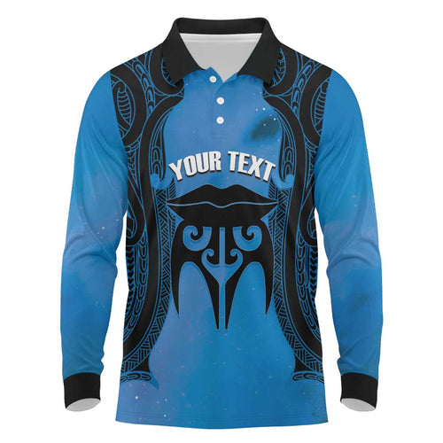 Personalised Moko Kauae New Zealand Long Sleeve Polo Shirt Maori Chin Tattoo Blue - Aussie Hoodie