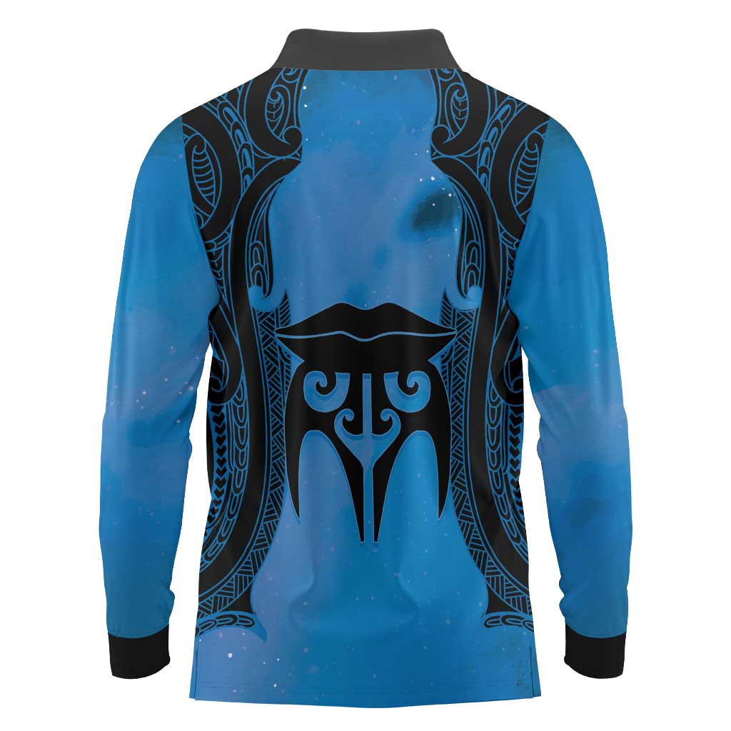 Personalised Moko Kauae New Zealand Long Sleeve Polo Shirt Maori Chin Tattoo Blue - Aussie Hoodie
