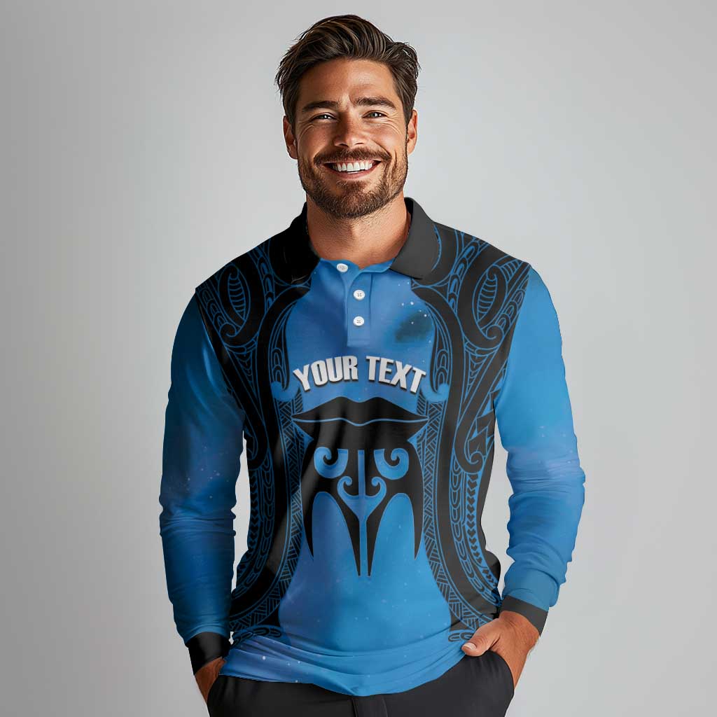 Personalised Moko Kauae New Zealand Long Sleeve Polo Shirt Maori Chin Tattoo Blue - Aussie Hoodie