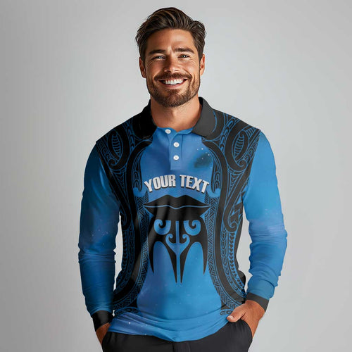 Personalised Moko Kauae New Zealand Long Sleeve Polo Shirt Maori Chin Tattoo Blue - Aussie Hoodie
