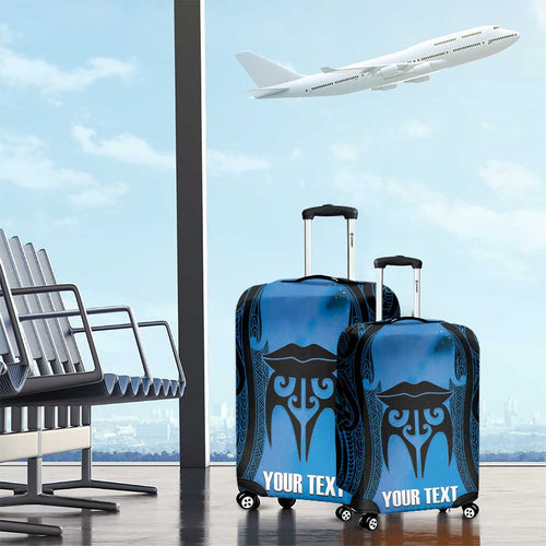 Personalised Moko Kauae New Zealand Luggage Cover Maori Chin Tattoo Blue - Aussie Hoodie