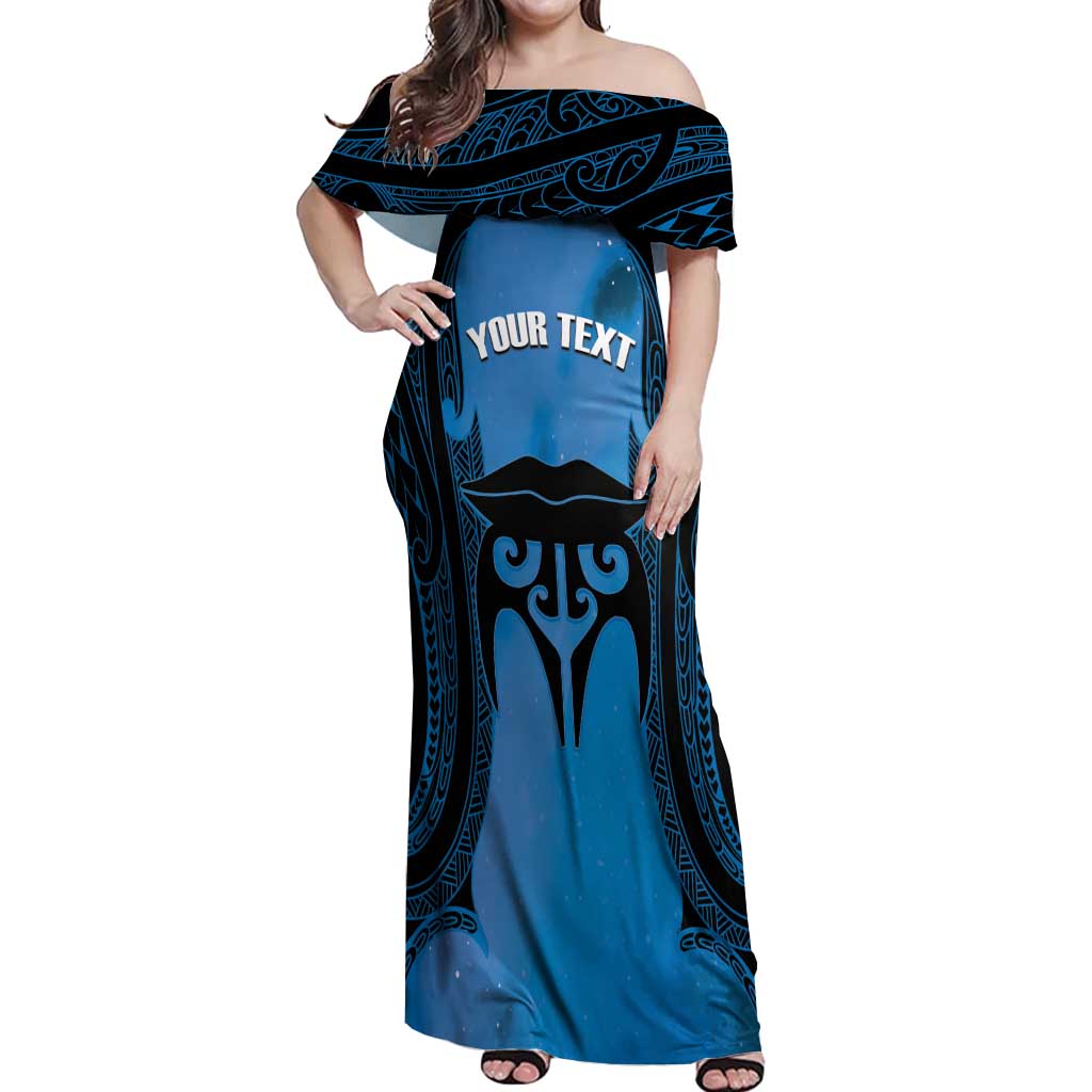 Personalised Moko Kauae New Zealand Off Shoulder Maxi Dress Maori Chin Tattoo Blue - Aussie Hoodie