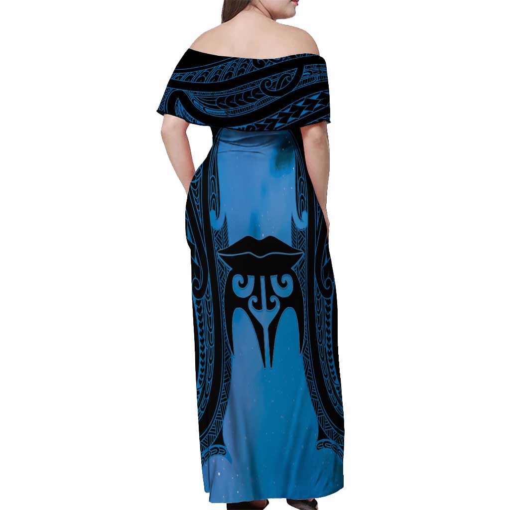 Personalised Moko Kauae New Zealand Off Shoulder Maxi Dress Maori Chin Tattoo Blue - Aussie Hoodie