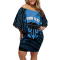 Personalised Moko Kauae New Zealand Off Shoulder Short Dress Maori Chin Tattoo Blue - Aussie Hoodie