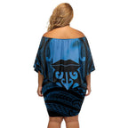 Personalised Moko Kauae New Zealand Off Shoulder Short Dress Maori Chin Tattoo Blue - Aussie Hoodie