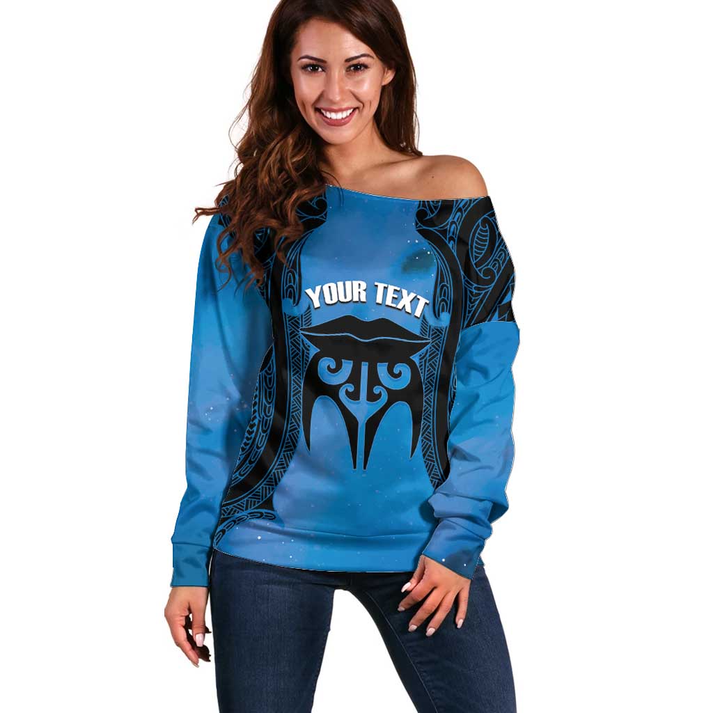 Personalised Moko Kauae New Zealand Off Shoulder Sweater Maori Chin Tattoo Blue - Aussie Hoodie