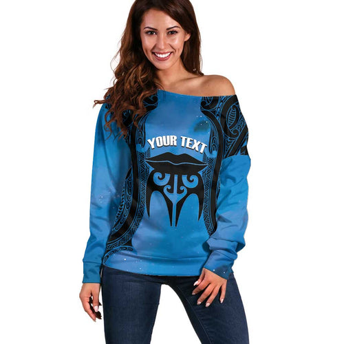 Personalised Moko Kauae New Zealand Off Shoulder Sweater Maori Chin Tattoo Blue - Aussie Hoodie